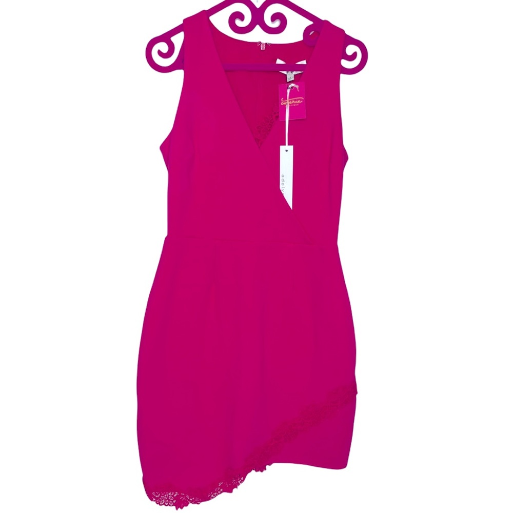 NWT Adelyn Rae Hot Pink Brie Berry Lace Asymmetrical Dress Size Small